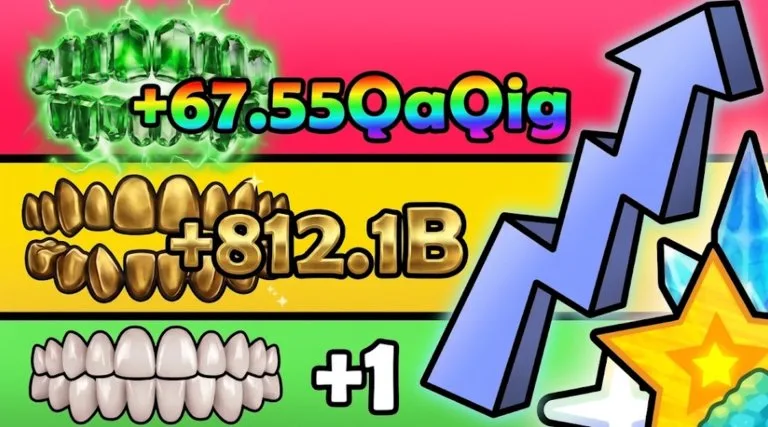 Teeth upgrade art in +1 Bite Per Click, from a starter +1 bite toward much larger bite totals, with an upgrade arrow.